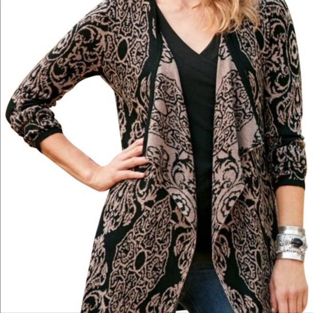Soft Surroundings Filigree Cardigan Sweater Tan Black Size Large #3BV70